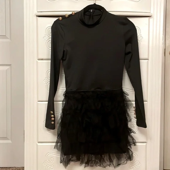 Black Dress With Tulle Bottom And Gold Button Details | Color: Black | Size: Xs | Pm-86318326's Closet